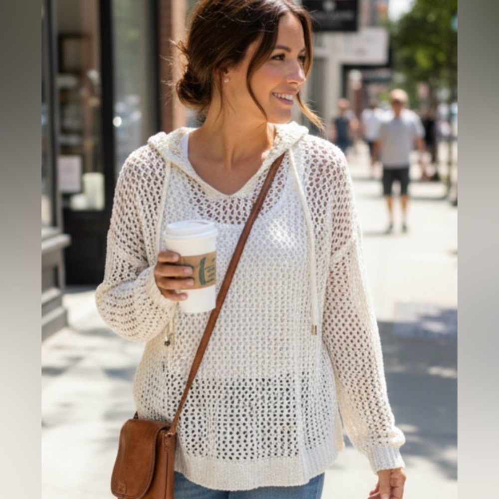 Joie Sweater Womens Size S Cream Crochet‎ Hoodie Boho Metallic Coverup Beachwear